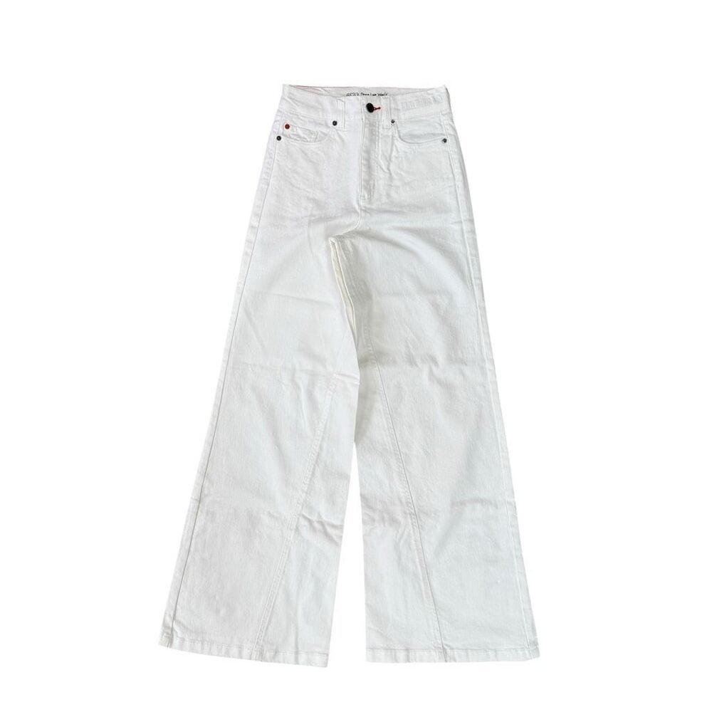 Piece live world white wide flared leg jeans embroidered waist size 00 NWOT